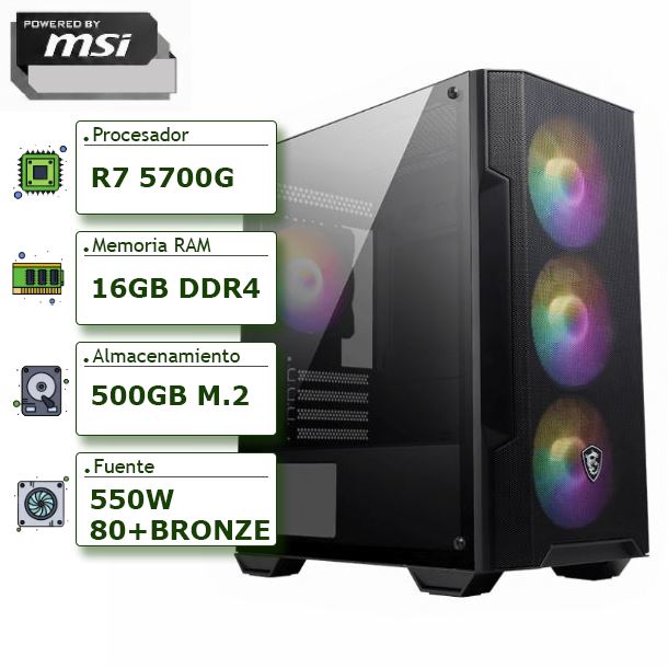 PC POWERED BY MSI - AMD RYZEN 7 5700G+A520+16GB+500GB M.2 NVME+GABINETE MSI+FUENTE CERTIFICADA