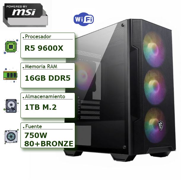 PC POWERED BY MSI - AMD RYZEN 5 9600X+A620+WIFI+16GB+1TB M.2 NVME+GABINETE MSI+F