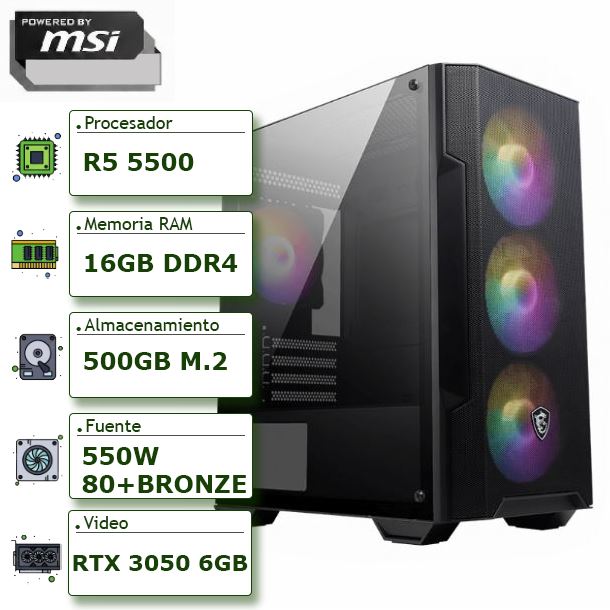 PC POWERED BY MSI - AMD RYZEN 5 5500+A520+16GB+500GB M.2 NVME+RTX 3050+GABINETE MSI+FUENTE BRONZE